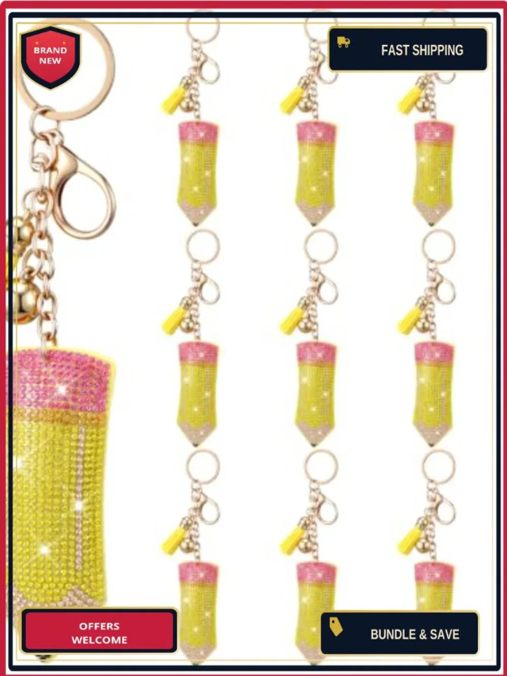 Set of 12 Rhinestone Pencil Keychains Stainless Steel Purse Charm